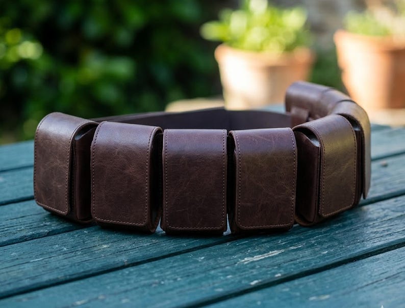 May include: A dark brown utility belt featuring multiple rectangular pouches with flap closures. The belt is constructed from a smooth, textured material and is designed to wrap around the waist, providing several storage compartments for small items.