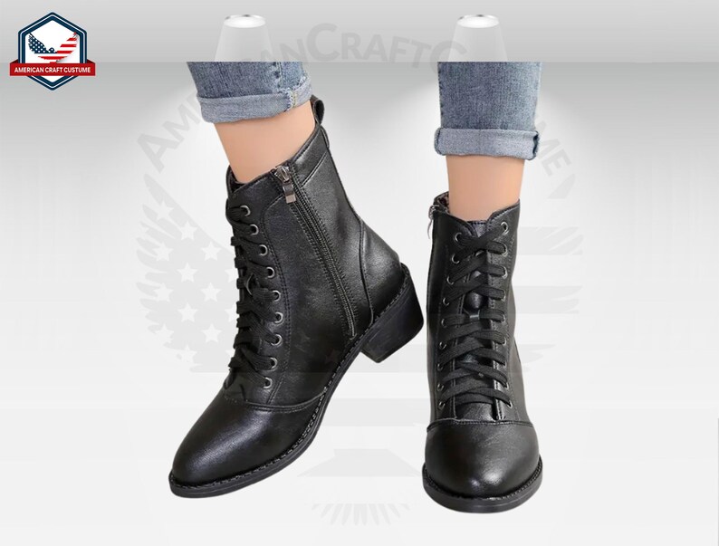 Lace Up Zipper Boots, Women Military Boots, Black Boots Woman, Leather Black Fall Shoes, Platform Chunky Boots