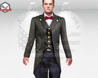 Handmade Gothic Brocade Coat | Victorian Fashion Tailcoat | Men's Blue Steampunk Tailcoat | Woodland Tailcoat | Medieval Tuxedo Coat Outfit