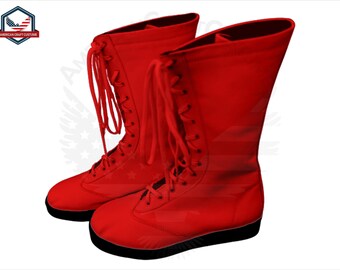 May include: A pair of red wrestling boots with black laces. The boots are made of a soft, flexible material and have a comfortable fit.
