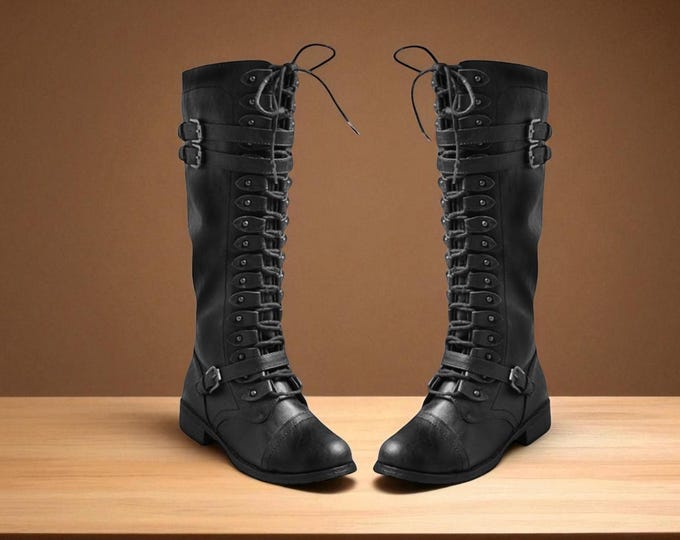 Vintage Military Cosplay Riding Boots, Men Gothic Combat Boots, Custom Knee-High Lace Up Leather, Handmade Steampunk Buckle Riding Shoes