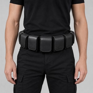 May include: A black utility belt featuring multiple rectangular pouches arranged in a continuous row around the waist. The belt is constructed from a smooth, matte material and includes secure flap closures on each individual storage compartment.