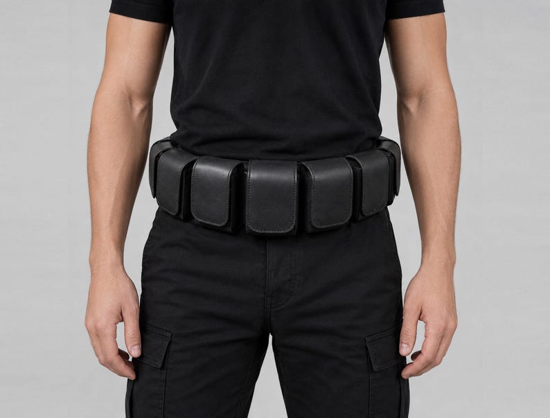 May include: A black utility belt featuring multiple rectangular pouches arranged in a continuous row around the waist. The belt is constructed from a smooth, matte material and includes secure flap closures on each individual storage compartment.