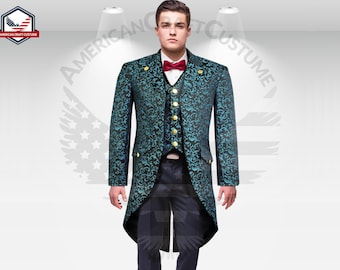 Handmade Men's Steampunk Tailcoat | Gothic Brocade Coat | Woodland Tailcoat | Victorian Fashion Tailcoat | Medieval Tuxedo Coat Outfit