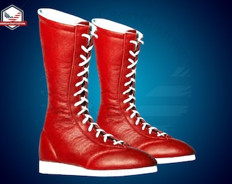 May include: A pair of red leather boots with white laces and soles. The boots are tall, reaching the mid-calf, and feature a classic lace-up design. The boots have a white interior and are set against a blue gradient background.