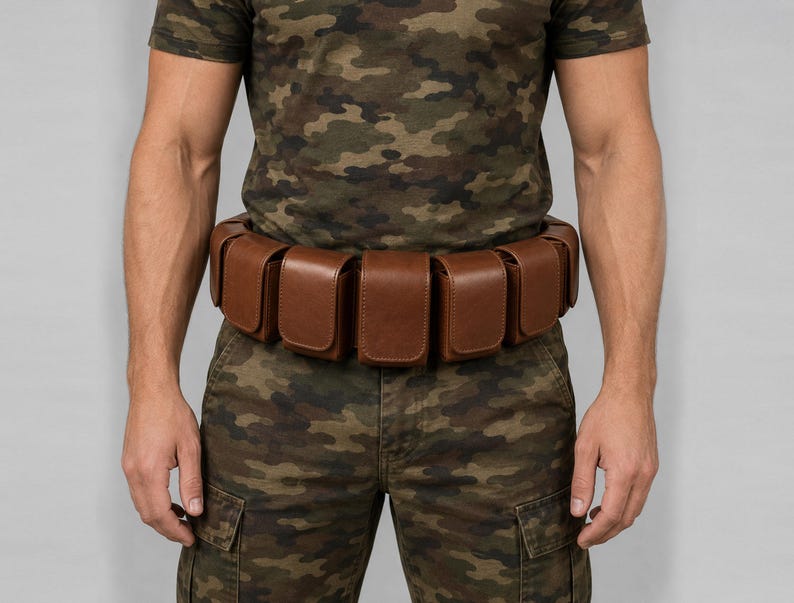 May include: A brown leather utility belt featuring multiple rectangular pouches attached around the waist. The belt is worn over a camouflage t-shirt and camouflage cargo trousers, showcasing a structured design with smooth, solid brown leather compartments.