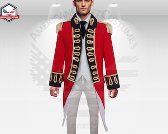 May include: A red military-style jacket with gold trim, black accents, and gold epaulets. The jacket features a high collar and decorative buttons. The outfit includes a white vest, black tie, and white pants, creating a historical costume.