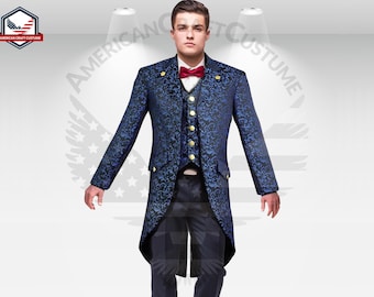 Frac Steampunk da uomo / Cappotto blu in broccato gotico da uomo / Frac lungo vittoriano gotico fatto a mano / Cappotto da sposa, regalo completo Steampunk