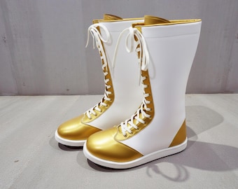 Handmade Wrestling Long Boots, Men Pro Wrestling Shoes, Gold Leather Wrestling Shoes, Custom Wrestling Lace Up Boot, Gift for Wrestlers