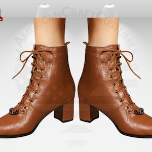 May include: Brown leather ankle boots with lace-up fronts and block heels. The boots have a pointed toe and a decorative metal detail on the side.