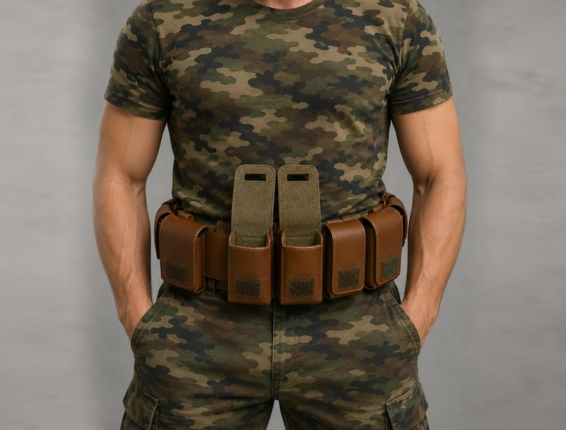 May include: A brown leather utility belt featuring multiple rectangular pouches with flap closures. Two central pouches are shown with their flaps open, revealing the interior, while the remaining pouches along the belt are closed.