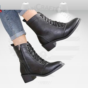 Women Military Boots, Black Boots Woman, Leather Black Fall Shoes, Platform Chunky Boots