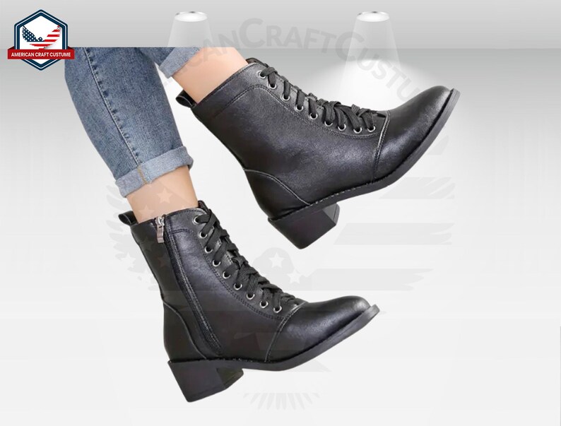 Women Military Boots, Black Boots Woman, Leather Black Fall Shoes, Platform Chunky Boots