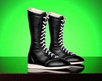 Stivali lunghi da wrestling fatti a mano, scarpe da wrestling professionali da uomo, scarpe da wrestling in pelle, stivali da wrestling professionali, stivali da wrestling con lacci personalizzati