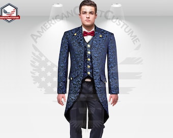Men's Blue Steampunk Tailcoat | Handmade Gothic Brocade Coat | Woodland Tailcoat | Victorian Fashion Tailcoat | Medieval Tuxedo Coat Outfit