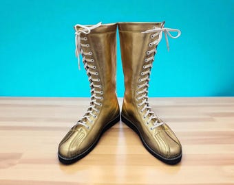 Gold Wrestling Boots Men Women | Handmade Pro Long Wrestling Lace-Up Shoes | Custom WWE Cosplay Combat Ring Boots | Gift for Wrestlers