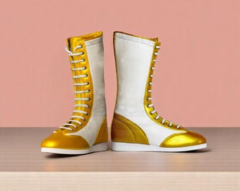 Handmade Pro Wrestling Long Boots | Men Professional Wrestling Boots | Custom Wrestling Shoes | Leather Lace-Up Pro Wrestling Shoes Gift