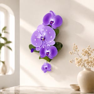 May include: A wall clock shaped like a cluster of vibrant purple orchid flowers with green leaves. The clock face is integrated into the largest central orchid, featuring white hour markers, white hands, and the numbers 3, 6, 9, and 12.