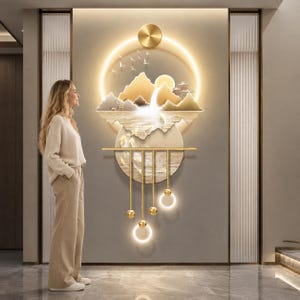 Luminária de parede LED moderna em acrílico com tema de montanha e halo, decoração floral 3D, perfeita para hall de entrada.