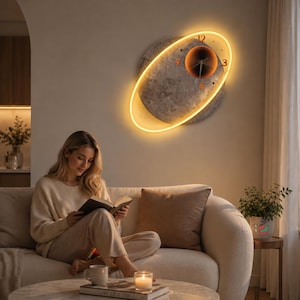 Puede incluir: Un reloj de pared circular con una superficie texturizada de color gris piedra y un anillo de neón amarillo brillante que lo rodea. La esfera presenta un centro naranja oscuro con manecillas negras y los números 3, 6, 9 y 12 en naranja.