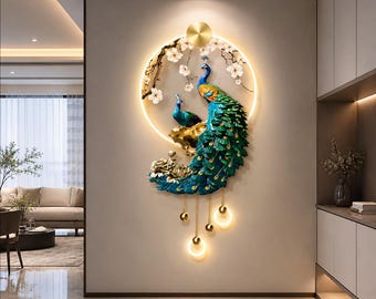 Peacock-muurkunst, acryl led-verlichting, 3D bloemendecor, moderne ophanging hal
