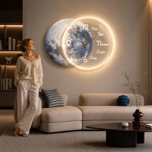 May include: A circular wall clock featuring a detailed lunar surface graphic with a glowing LED ring. The clock face displays the numbers 12, 9, and 6, along with the words One, Two, Three, Four, and Five written in a white script font.