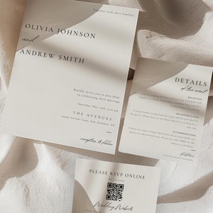 Minimalistisches Hochzeitseinladungs-Set mit QR Code, Modernes Einladungsvorlagen-Set, Elegante Einladungs-Vorlage, Online Antwortkarte und Detailkarte