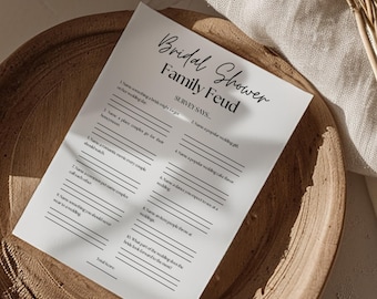Bridal Shower Family Feud Game, Fun Bridal Shower Games, Minimalist Printable Bachelorette Game, Wedding Trivia Game, Instant Download