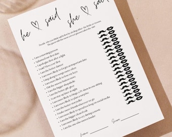 Guess Who Said It Game | He Said She Said Bridal Shower Activity | Wedding Game Template | Editable and Printable Card | Fun Bridal Shower