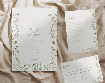 Wildflower Wedding Invitation Template | Elegant Botanical Greenery & Floral Design | Editable Printable Invitation Set