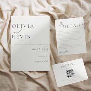 Minimalistische Hochzeitseinladung mit QR Code, moderner benutzerdefinierter Einladungsvorlage, eleganter Einladungskarte, Online Antwortkarte und Detailkarte