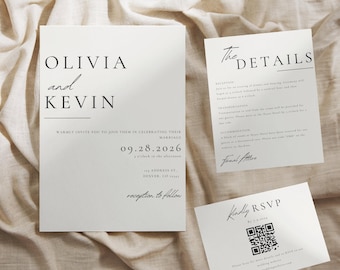 Può includere: Un set di inviti di nozze minimalista con sfondo bianco e testo nero. L'invito presenta i nomi Olivia e Kevin, la data 09.28.2026 e l'indirizzo 111 Address St, Denver, CO 52411. La carta dei dettagli include informazioni sul ricevimento, il trasporto e l'alloggio. La carta RSVP presenta un codice QR e il testo "Kindly RSVP by 07.15.2024".
