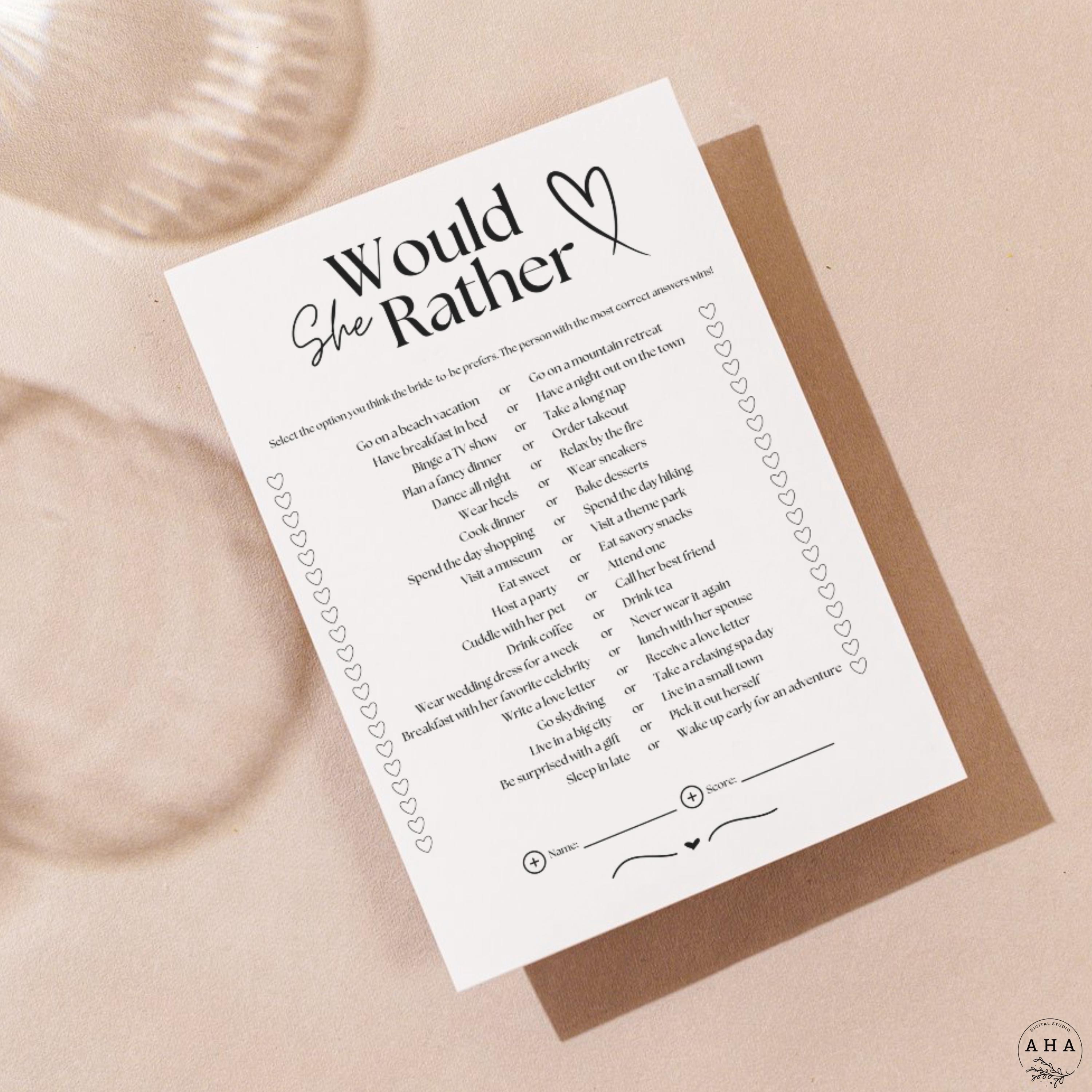 She Games Would She Rather Bridal Shower Game Template | Printable & Interactive ...