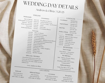 Plantilla de cronograma para el día de la boda, programa editable para la ceremonia y la recepción, itinerario para el fin de semana de la boda, cronograma y agenda para la fiesta nupcial