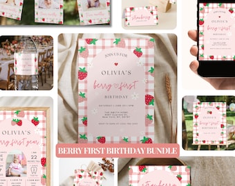 May include: A printable bundle of party decorations for a first birthday with a strawberry theme. The bundle includes a welcome sign, a birthday invitation, a water bottle label, a cake topper, a favor bag tag, and a cake pop sign. The decorations feature a pink and white gingham pattern with red strawberries.