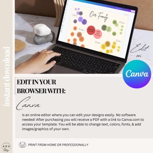 Op de afbeelding: Een laptopcomputer met een stamboom sjabloon op het scherm. Het sjabloon is kleurrijk en bevat cirkels met namen en data. De tekst "Edit on Canva" is zichtbaar in de rechter benedenhoek van de afbeelding. De tekst "Edit in your browser with: Canva" is zichtbaar onder de laptop.