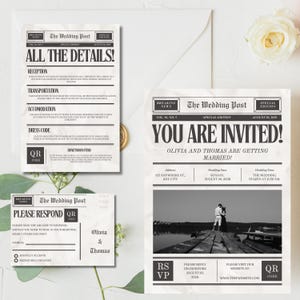 May include: A wedding invitation designed to look like a vintage newspaper, featuring a black and white photograph of a couple on a jetty. The headline reads "You Are Invited!" with the couple's names and the date and time of the wedding. The invitation also includes a QR code.