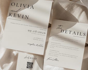 Minimalist Wedding Invitation Bundle with QR Code, Modern Invitation Template Set, Elegant Invite Suite, Online RSVP, and Details Card