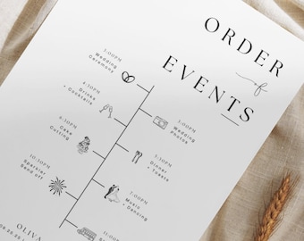 Elegante cronología del orden de eventos de la boda (Canva editable, descarga digital)