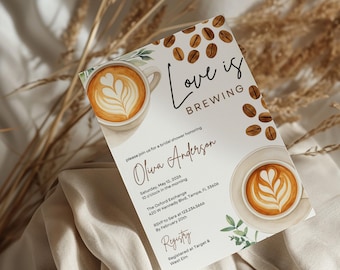 Invitación para despedida de soltera "El amor se está gestando", invitación para una fiesta para amantes del café, fiesta con temática de café, Canva editable, descarga digital, fiesta de espresso