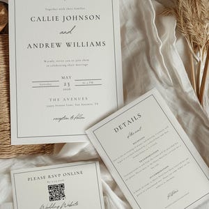 Plantilla de invitación de boda con monograma / Elegante plantilla imprimible con código QR RSVP / Descarga editable para invitación de boda moderna / Editar Canva