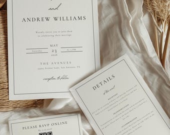 Può includere: Elegante suite di inviti di nozze con testo calligrafico. L'invito principale include i nomi Callie Johnson e Andrew Williams, con la data 23 maggio 2026. Schede aggiuntive con RSVP e dettagli dell'evento. Design minimalista, palette neutra.