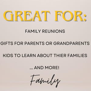 Op de afbeelding: Een gele afbeelding met de tekst "GREAT FOR:" gevolgd door een lijst met toepassingen voor familiegeschiedenisprojecten: familiere&uuml;nies, geschenken voor ouders of grootouders en voor kinderen om meer te leren over hun families. De tekst "... AND MORE!" staat onder de lijst, gevolgd door het woord "Family" in cursief.