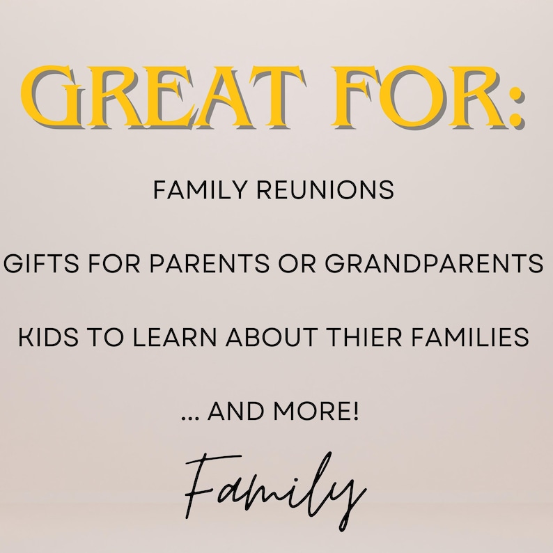 Op de afbeelding: Een gele afbeelding met de tekst "GREAT FOR:" gevolgd door een lijst met toepassingen voor familiegeschiedenisprojecten: familiere&uuml;nies, geschenken voor ouders of grootouders en voor kinderen om meer te leren over hun families. De tekst "... AND MORE!" staat onder de lijst, gevolgd door het woord "Family" in cursief.