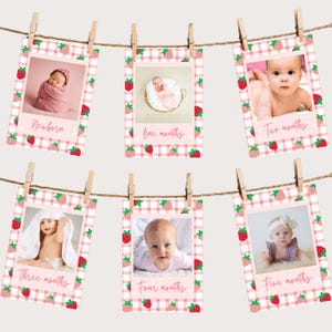Faixa de primeiro aniversário de morango, cartões de marco com fotos, faixa de primeiro aniversário de frutas vermelhas, decorações de primeiro aniversário de frutas vermelhas para impressão, AHA2