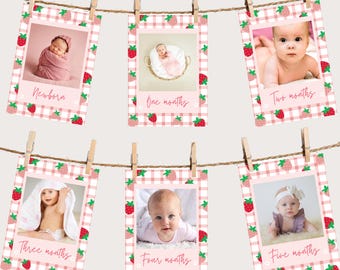Strawberry First Birthday Banner, Milestone Cards with Photos, Berry First Birthday Banner, Printable Berry First Birthday Decorations, AHA2