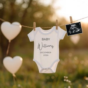 Digital Pregnancy Announcement Template | Neutral Baby Onesie Reveal | Modern Baby Announcement for Social Media | Expecting Parents