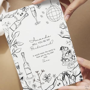Modelo de cartão de pedido de casamento para madrinha, cartão desenhado à mão "Você quer ser minha madrinha?", design minimalista editável para casamento, modelo para impressão no Canva
