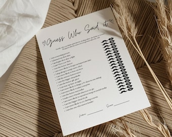 Gra „Zgadnij, kto to powiedział” | Zabawa na wieczór panieński „On powiedział, ona powiedziała” | Szablon gry ślubnej | Edytowalna i drukowana kartka | Zabawny wieczór panieński