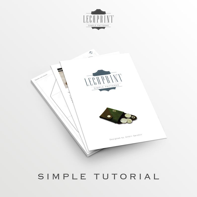 Pu&ograve; includere: Una pila di fogli bianchi con il testo "LECPRINT SIMPLE PATTERNS" sul foglio superiore. Il foglio superiore presenta anche una piccola illustrazione di un portafoglio di pelle verde con monete che cadono fuori. Il testo "SIMPLE TUTORIAL" &egrave; stampato sotto la pila di fogli.